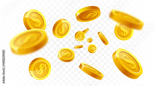 Golden coins explosion. Realistic flying gold coin splash, money rain with blurry motion effect. Treasure and earnings, saving and winning, jackpot casino 3D vector concept. Vector Illustration.
