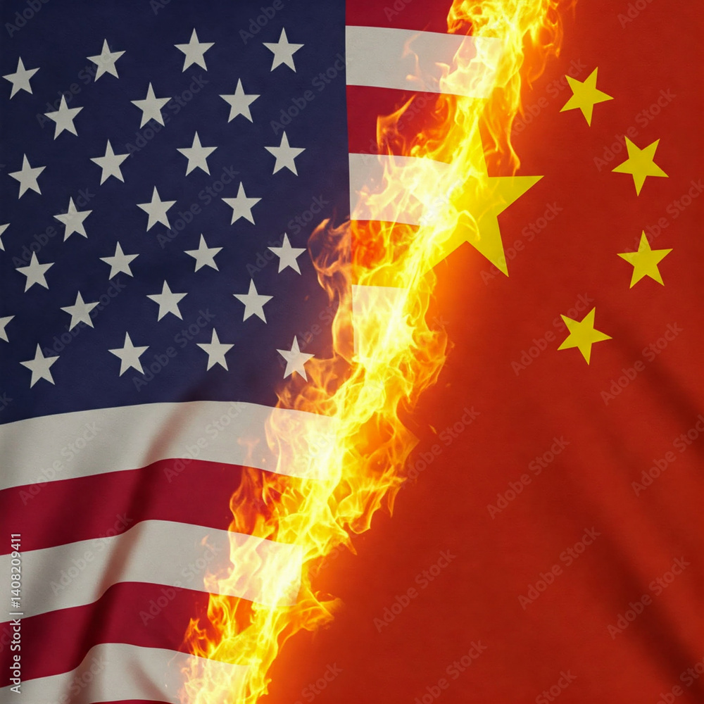 America versus China. The American flag and the Chinese flag with flames between them