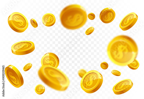 Golden coins explosion. Realistic flying gold coin splash, money rain with blurry motion effect. Treasure and earnings, saving and winning, jackpot casino 3D vector concept. Vector 10 eps.