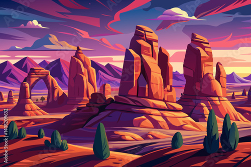 Natural arch at sunset time, Arches National Park landscape, Utah, Simple cartoon design Flat style illustration
