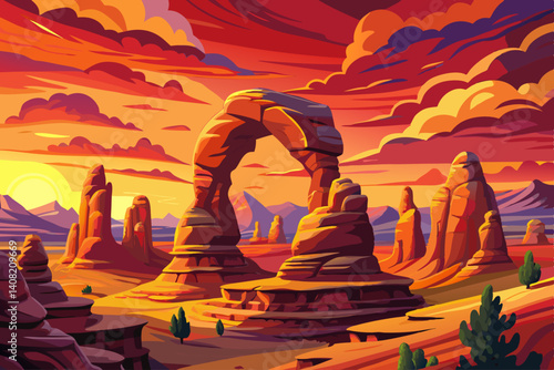 Natural arch at sunset time, Arches National Park landscape, Utah, Simple cartoon design Flat style illustration