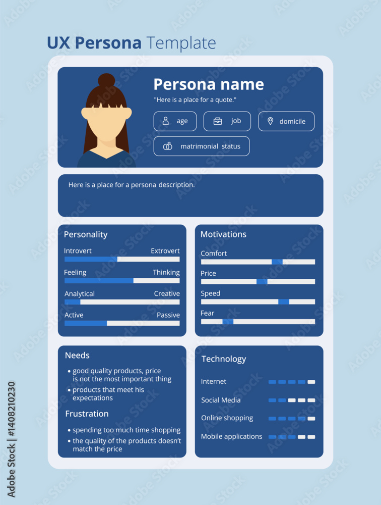 Naklejka premium Blue UX persona template.