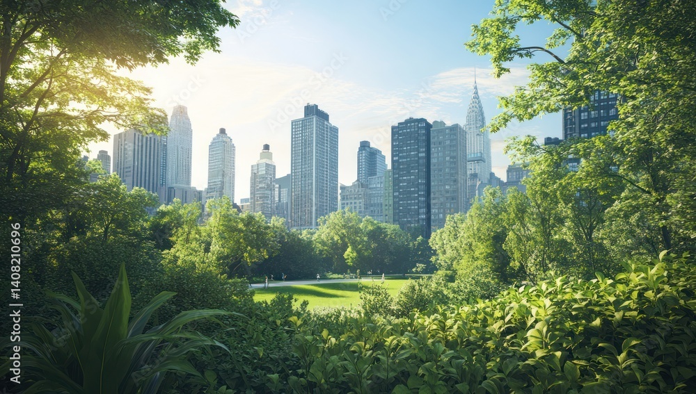 Fototapeta premium Urban Oasis: Skyscrapers and Serenity in a City Park