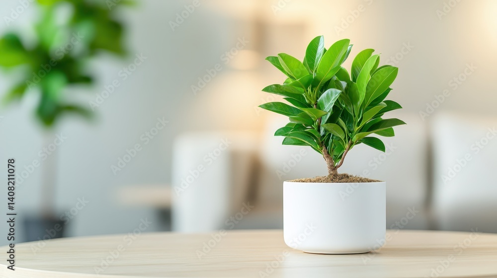 An elegant small green plant sits on a contemporary table, enhancing the room's aesthetics with a fresh touch of nature that promotes relaxation and well-being. An elegant small green plant sits on a contemporary table, enhancing the room's aesthetics with a fresh touch of nature that promotes relaxation and well-being.
