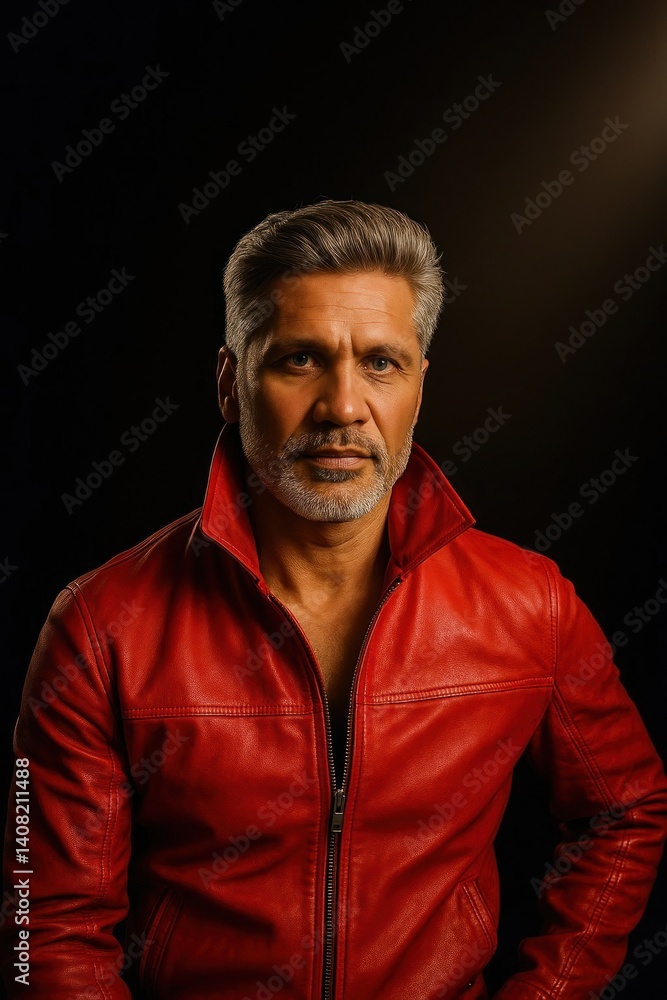 Mature man wearing red leather jacket posing in studio Mature man wearing red leather jacket posing in studio