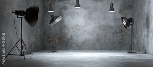 A professional photo studio setup with concrete walls, studio lights, and diffusers. Targets product photography tutorials, equipment reviews, or creative workspaces.