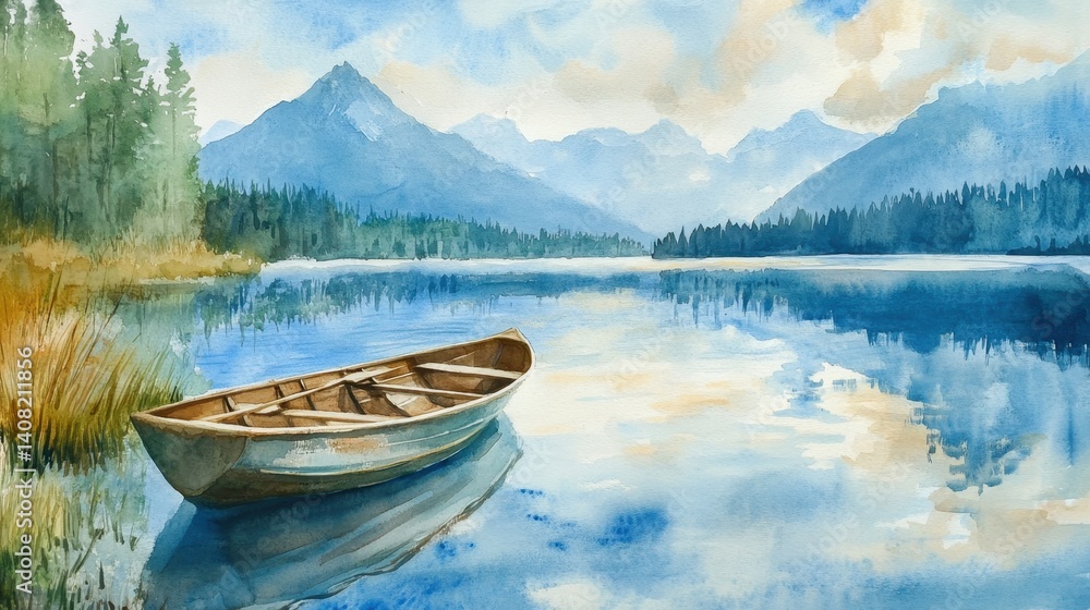 Serene Mountain Lake Scene with Rowboat Peaceful Watercolor Painting of Nature's Beauty Serene Mountain Lake Scene with Rowboat Peaceful Watercolor Painting of Nature's Beauty