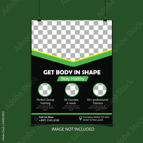 Fitness Gym flyer or poster design template. Fitness Club Gym, body building and gym flyer template with Photo Space