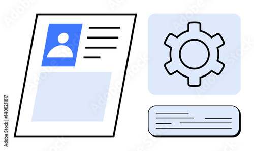 Profile card with photo, text fields, settings gear, and speech bubble. Ideal for user management, account setup, web design, IT solutions, data organization customization simple landing page