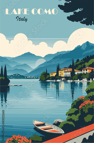 Lake Como, Italy Travel Destination Poster in retro style. Landscape print, wall art. Europe summer vacation, holidays concept. Vintage vector colorful illustration