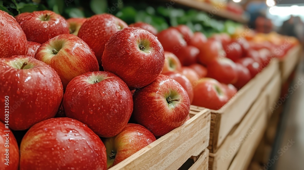 A rich display of plump red apples stacked in wooden crates at a market, inviting shoppers to enjoy their freshness, enhancing the atmosphere of abundance and health. A rich display of plump red apples stacked in wooden crates at a market, inviting shoppers to enjoy their freshness, enhancing the atmosphere of abundance and health.