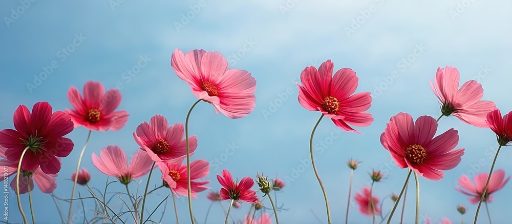 Fototapeta premium Pink cosmos flowers blooming against blue sky. Applied in gardening magazines, floral photography, or eco-friendly campaigns.