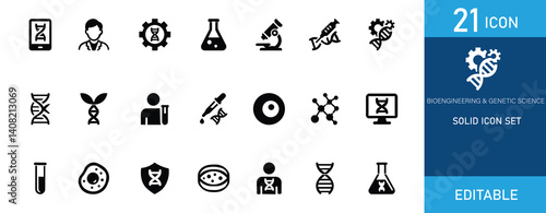 A set of 21 solid bioengineering and genetic science icons. Perfect for medical, biotech, research, laboratory, and DNA-related projects. Clean and minimal style