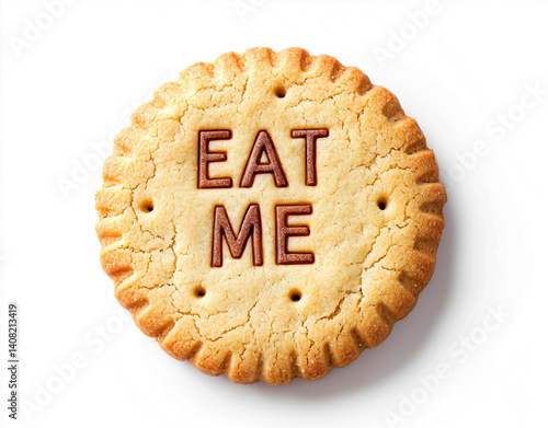 Eat Me message cookie on white or transparent background, beautiful closeup photograph of a delicious brown fresh round biscuit with Alice in Wonderland's Eat Me reference, tasty cookies illustration