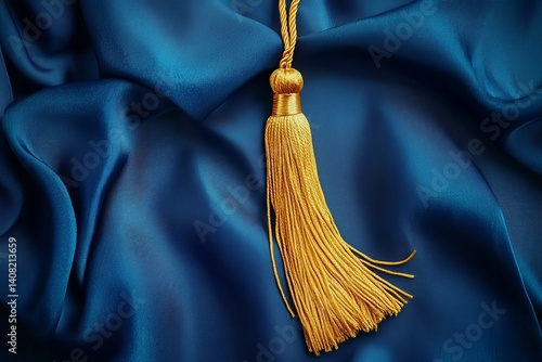 Golden Tassel on Draped Blue Fabric - Elegant Graduation Theme with Luxury Touch, Rich Textures and Prestigious Mood
