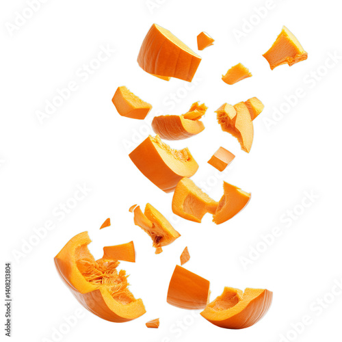Falling pumpkin chunks. Isolated white background. Png format
