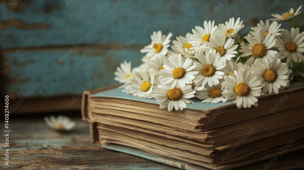 Obraz premium Old books with flowers of white field daisies.