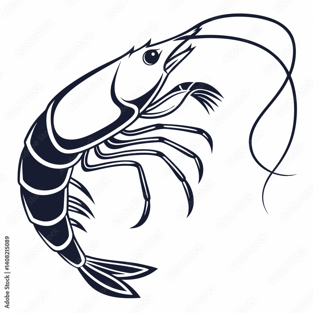 A stylized, black and white illustration of a shrimp. The shrimp is depicted in a profile view, facing to its left, with its body oriented diagonally across the image. generative ai . A stylized, black and white illustration of a shrimp. The shrimp is depicted in a profile view, facing to its left, with its body oriented diagonally across the image. generative ai .