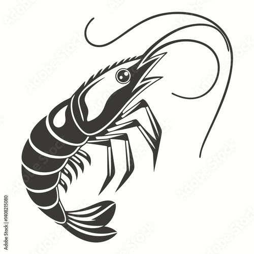 A stylized, black and white illustration of a shrimp. The shrimp is depicted in a profile view, facing to its left, with its body oriented diagonally across the image.  generative ai .