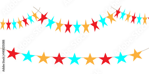 Carnival garland with flags and star. Colorful perspective party flags isolated on white background. Birthday, Christmas, anniversary, and festival fair concept. Vector illustration. eps10