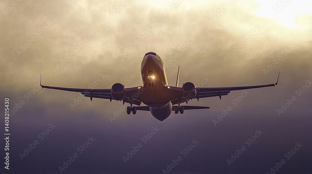 Passenger airplane landing at sunset with cloudy sky Passenger airplane landing at sunset with cloudy sky