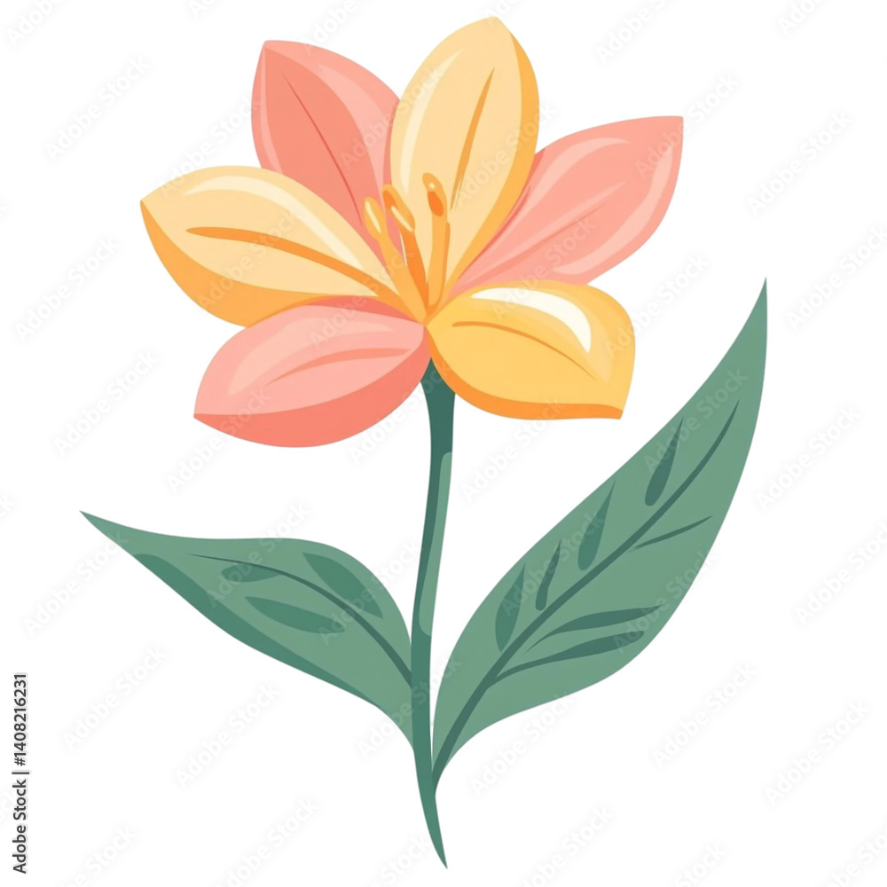 Naklejka premium Pretty pink and yellow flower with green leaves a simple floral illustration