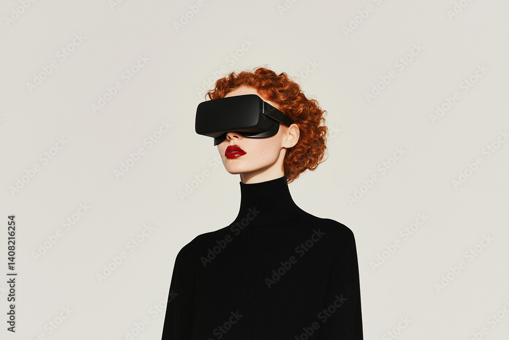 Immersive Reality: A fashion-forward individual wearing VR headset explores the convergence of style and technological advancement. A striking look at the future Immersive Reality: A fashion-forward individual wearing VR headset explores the convergence of style and technological advancement. A striking look at the future