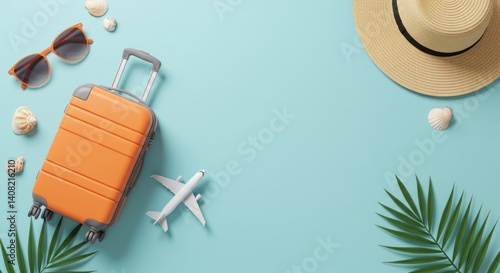 Travel suitcase sunglasses hat airplane and seashells on a light blue background.