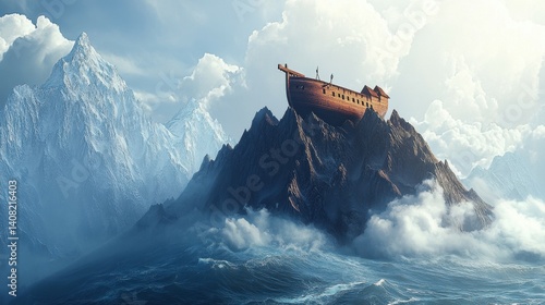 Noah's Ark perched atop a mountain peak surrounded by water, symbolizing biblical salvation, faith, and divine intervention in the Great Flood.