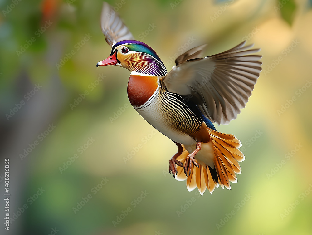 Obraz premium Mandarin duck in graceful flight, Colorful duck flying midair