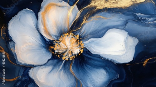 Fototapeta Naklejka Na Ścianę i Meble -  one big flower for whole artwork flowing alcohol ink, navy blue background, white, gold colors