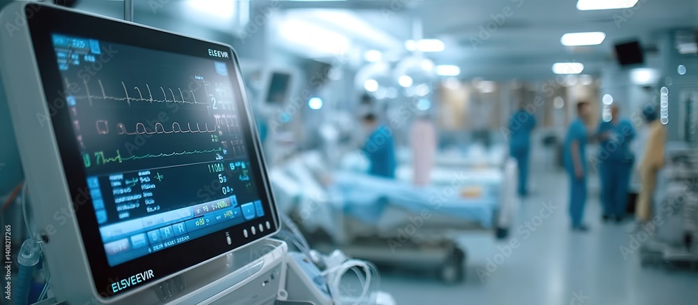 ICU medical monitor displaying ECG waves and vital signs. Critical for healthcare training, medical dramas, or hospital documentation. ICU medical monitor displaying ECG waves and vital signs. Critical for healthcare training, medical dramas, or hospital documentation.