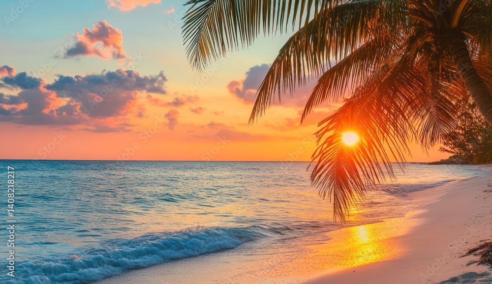 Fototapeta premium Sunset Paradise: Tropical Beach Serenity at Golden Hour