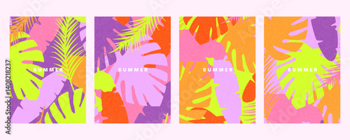 Vivid bright summer background collection with flat tropical leaves, bold typography and texture in warm retro neon colors for wall art, branding, flyers, invitations, cards, seasonal designs, etc.