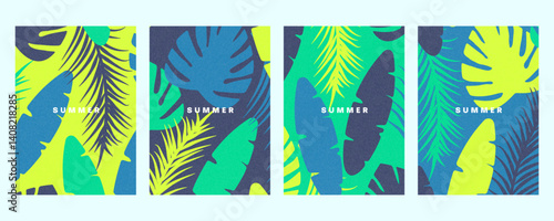 Textured tropical summer poster collection with bold typography, flat leaves and vibrant neon palette for wall art, postcards, flyers, invitations, branding, backgrounds, seasonal design, prints etc.