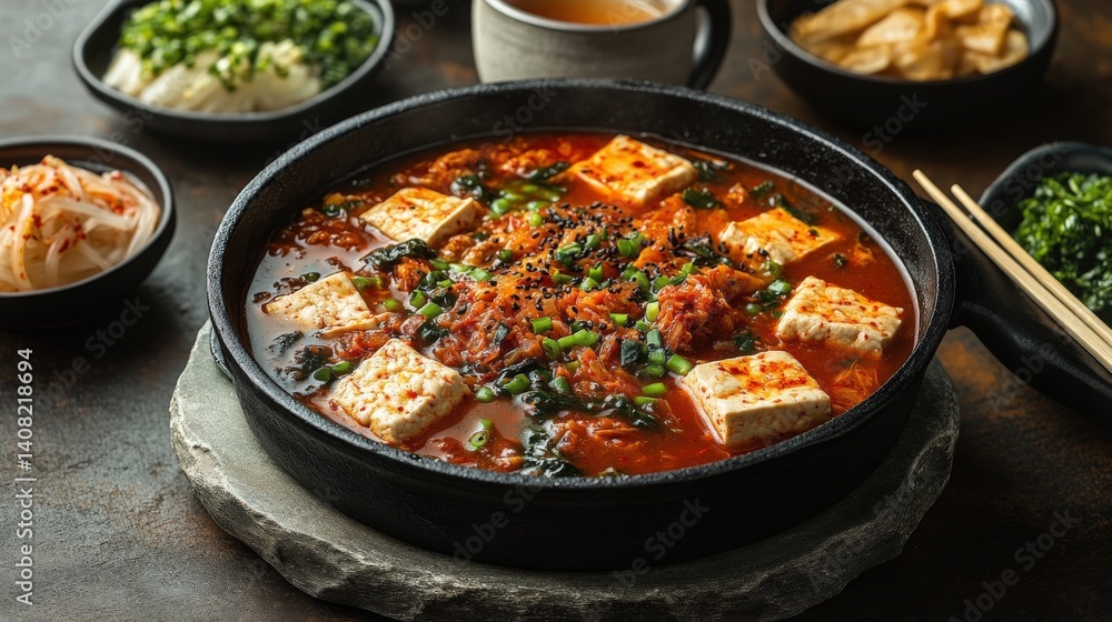 Bubbling kimchi jjigae with tofu and pork served alongside traditional banchan dishes Bubbling kimchi jjigae with tofu and pork served alongside traditional banchan dishes