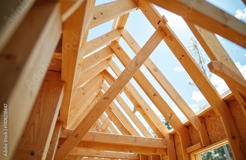 Unfinished house wooden roof construction frame, rafters, beams against blue sky. Building roof structure, carpentry. Building new home, real estate, home improvement, construction industry,