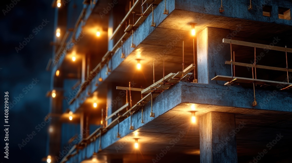 A close-up shot of an illuminated construction site reveals intricate detailing in the concrete structure, highlighting the artistry and engineering involved in modern building projects. A close-up shot of an illuminated construction site reveals intricate detailing in the concrete structure, highlighting the artistry and engineering involved in modern building projects.