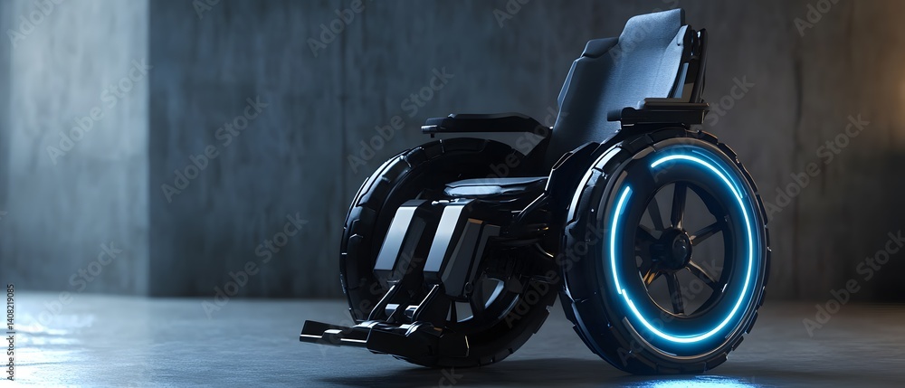 Fototapeta premium A futuristic black wheelchair featuring illuminated wheels symbolizes innovation in mobility solutions, enhancing accessibility and independence for individuals with disabilities.