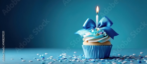 Blue cupcake with candle, bow, and sprinkles. Ideal for birthdays/small parties. Symbolizes joy, celebration, and elegance through vibrant colors and festive details.