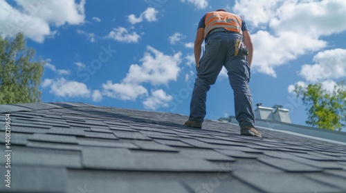 Roofing worker inspecting a roof for potential leaks. Featuring roof inspection and maintenance