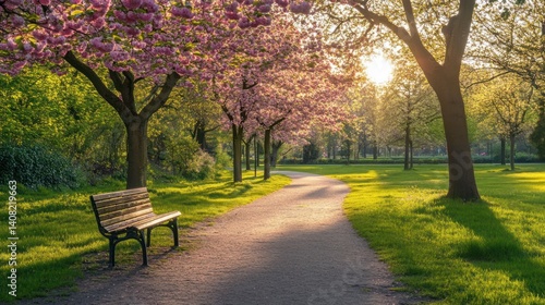 A beautiful park path with blossoming trees and sunny daylight