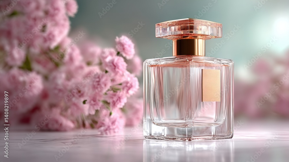 Elegant perfume bottle with a floral arrangement in the background, a delicate and refined display Elegant perfume bottle with a floral arrangement in the background, a delicate and refined display