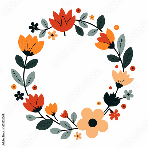 Set of floral elements, Floral background with flowers, Wreath flowers circle Scandinavian style
