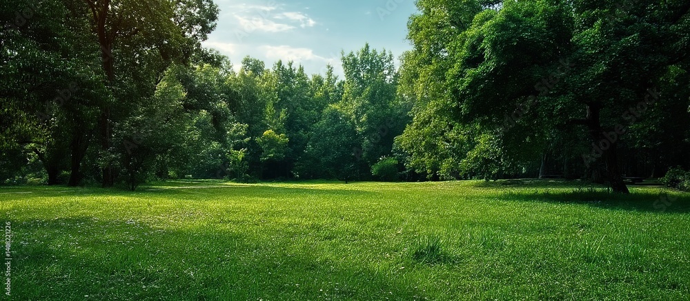 Obraz premium Sunlit meadow surrounded by dense trees. Used in environmental campaigns/nature photography. Symbolizes peace, ecological beauty, and the need to cherish natural spaces.