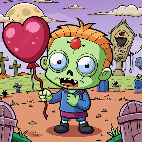 Cute baby zombie holding a heart balloon in a spooky graveyard – fun cartoon vector illustration for Halloween or horror themes.