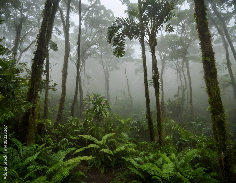 Fototapeta premium morning in the woods, Misty morning in the forest, smoky air in the forest, the Amazon deep jungle