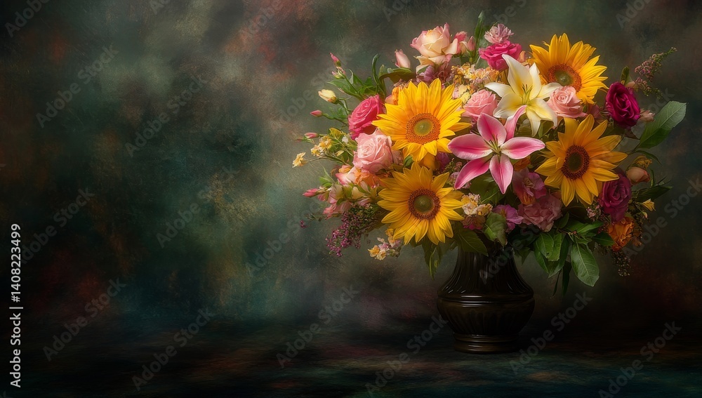A vibrant flower arrangement is beautifully photographed in a close-up indoor studio setting