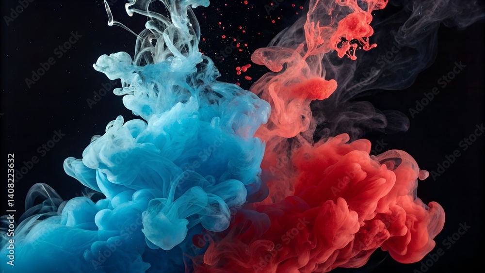 Obraz premium Abstract, colorful smoke waves flow smoothly on a black background, forming artistic patterns of blue, purple, and various hues in a dynamic, fiery motion