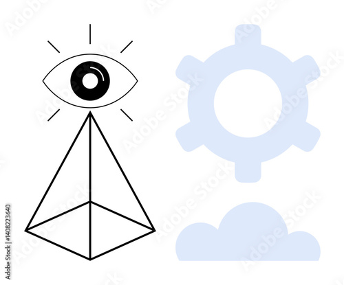 Eye over pyramid radiating lines, cogwheel for mechanics, and cloud indicating connection. Ideal for vision, strategy, technology, creativity, innovation futurism information. Flat simple metaphor